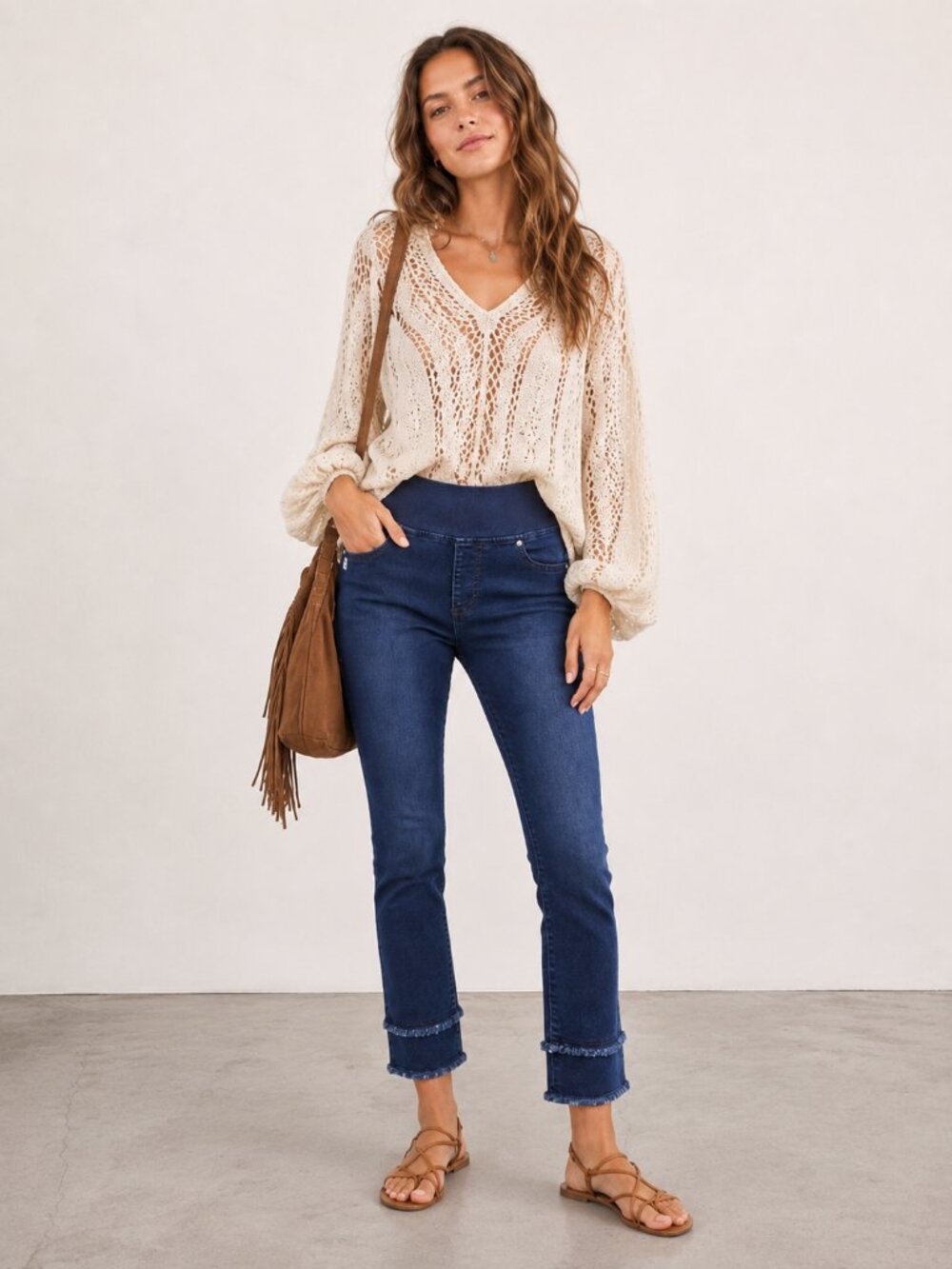 BELLE BY KIM GRAVEL Tripleluxe Pull On Ankle Fray Cuff Denim Blue Jean 6P NWOT - Picture 2 of 8
